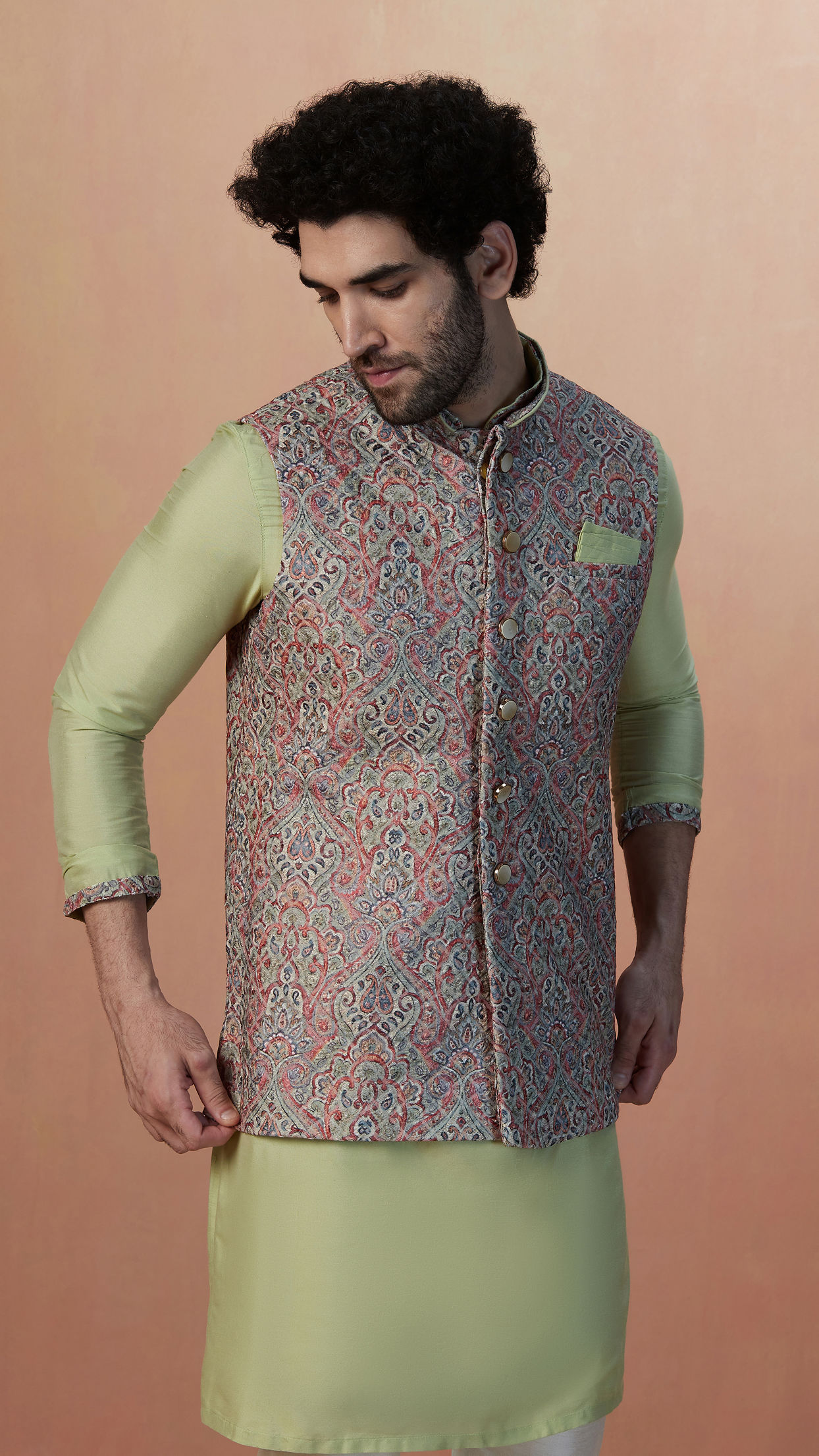 Multicolored Jacket With Lime Green Kurta Set image number 0